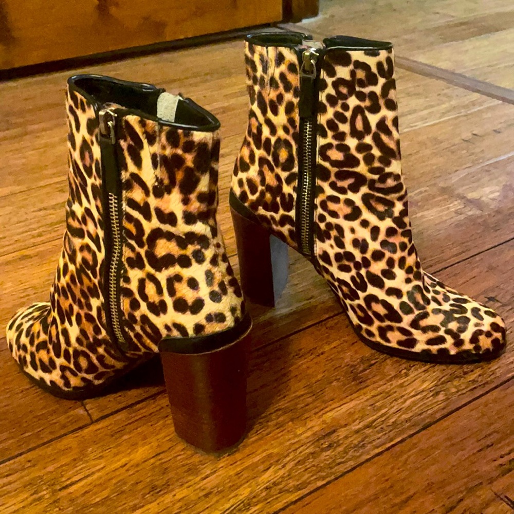 Real calf fur leopard stacked heel katherine kelly jayme booties